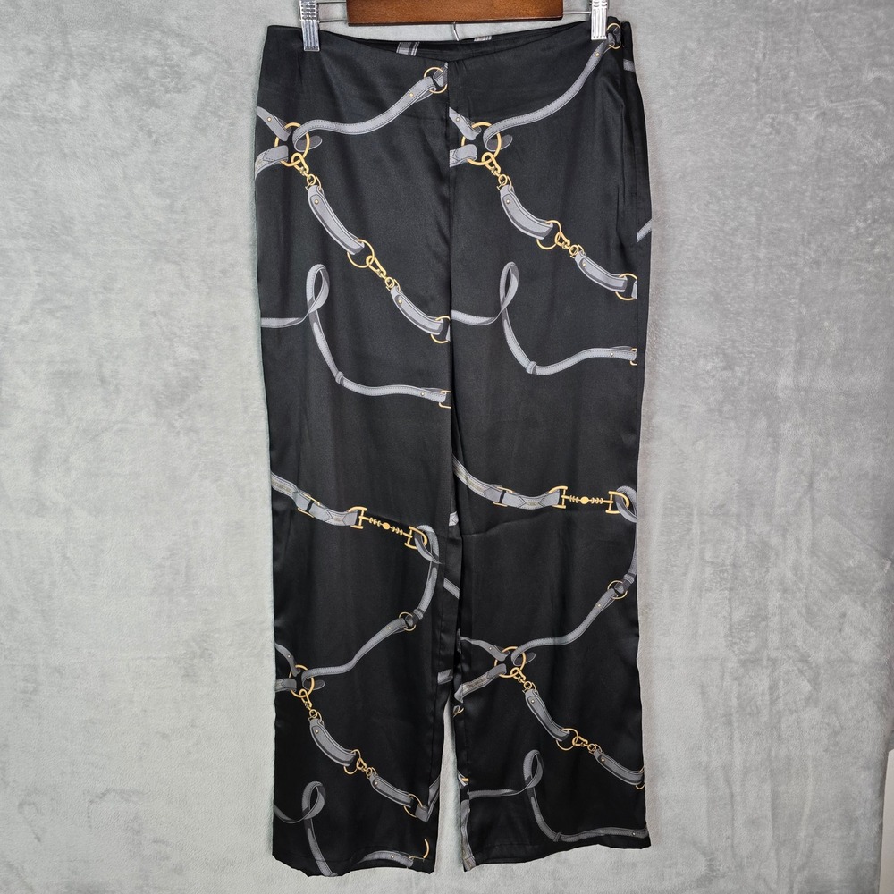 J.McLaughlin Womens Black Equestrian Chain Belt‎ Print Wide Leg Trousers Size 8